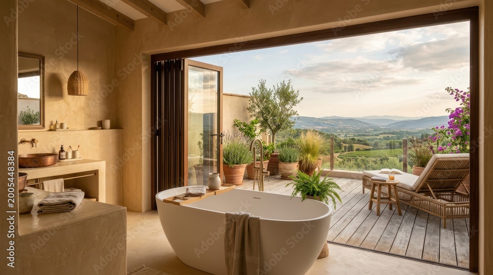 Fototapeta premium Luxury bathroom with a freestanding tub opens to a scenic Tuscan valley view
