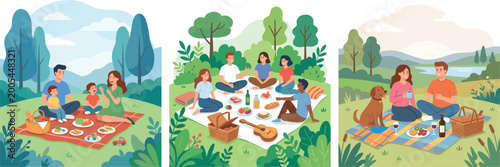 Family and friends enjoying outdoor picnic in park with food, nature scenery, relaxing weekend gathering and leisure lifestyle concept