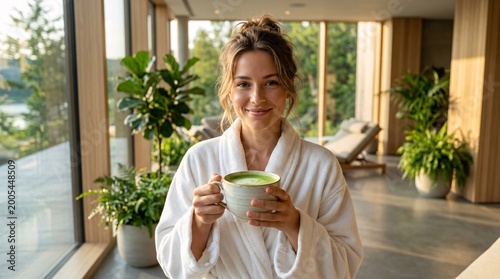Gorgeous young woman with a relaxed updo wearing a plush white terrycloth bathrobe smiling peacefully while holding a mug of matcha tea.