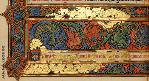 Antique Illuminated Border with Mythical Creatures and Gold Leaf