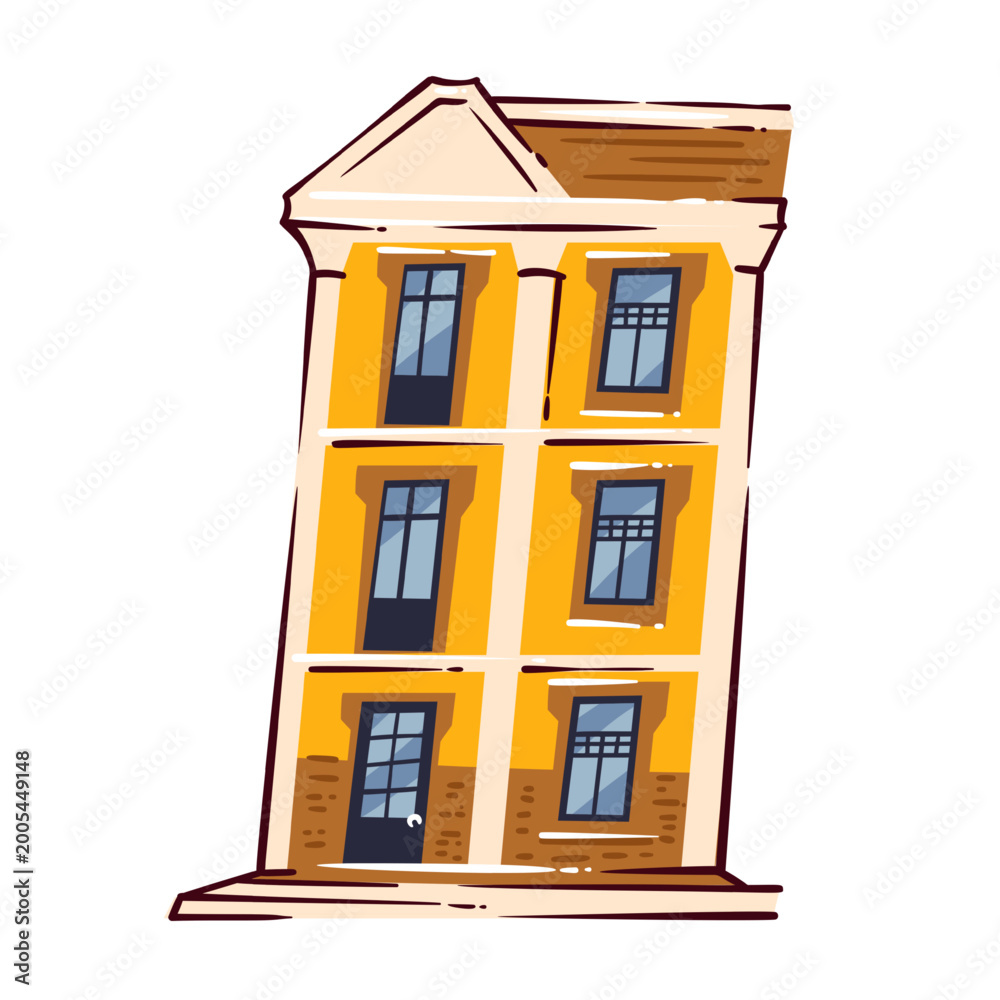 Fototapeta premium Portuguese yellow house with tall facade, blue windows, dark door, cream columns and brown roof. Lisbon street detail with Portuguese yellow house, cartoon vector illustration.