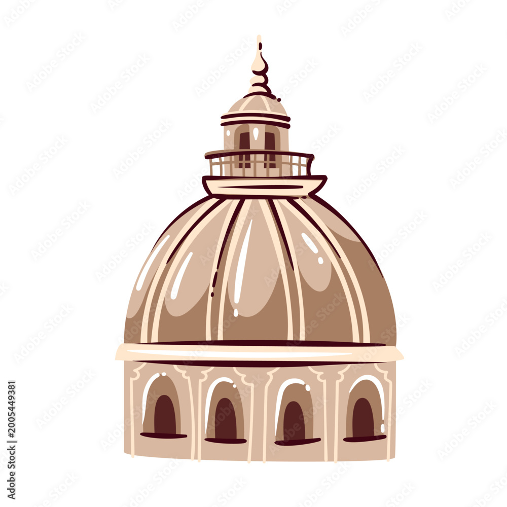 Obraz premium Portuguese church dome with arched windows, ribbed roof, lantern tower, columns and beige stone facade. Lisbon landmark detail with Portuguese church dome, cartoon vector illustration.