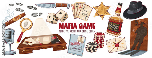 Mafia game set with detective props, cards, dice, sheriff badge, whiskey bottle and clue icons. Crime night board elements for mafia game party play, cartoon vector illustration.