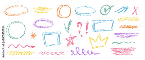 Crayon doodle elements set with speech bubbles, frames, arrows, crown, star, marks and scribble lines. Kids notes, comic stickers and highlight design with crayon doodle elements, vector illustration
