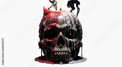 Mystical skull with dripping red wax illuminated by candlelight in a dark atmospheric setting
