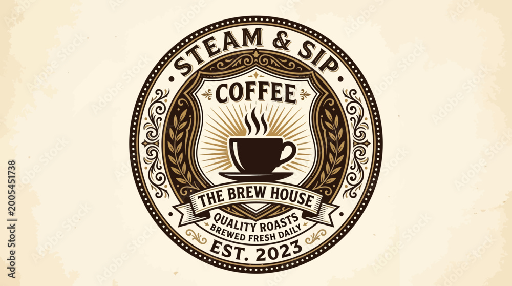 Fototapeta premium Vintage coffee shop logo featuring a steaming cup, decorative elements, and establishment date