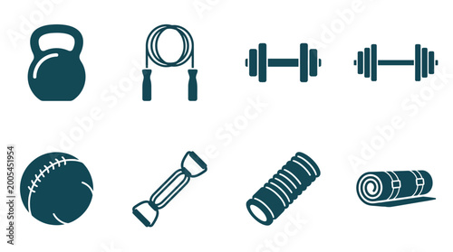 фотографія Collection of fitness equipment including kettlebell, jump rope, dumbbells, and