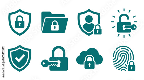 Collection of security icons representing data protection, privacy, and user authentication methods