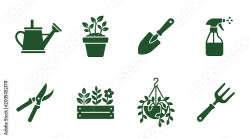 Set of green gardening tools and plant icons for landscaping and home gardening.