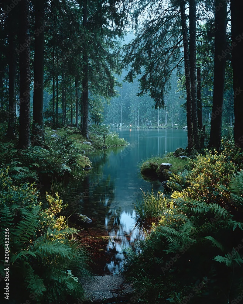 Fototapeta premium A serene forest scene with a tranquil lake surrounded by tall trees and lush greenery at dusk.