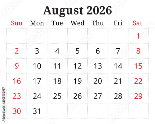 2026 august printable calendar planner. English monthly page vector template Sunday start