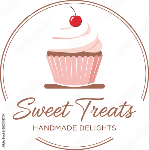 Sweet Treats Handmade Delights Cupcake with Cherry Circular Badge Logo Vector Illustration