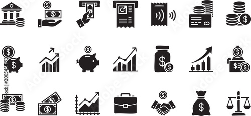Money and Finance Icons Collection Banking Payment Savings Investment Black Glyph Symbols