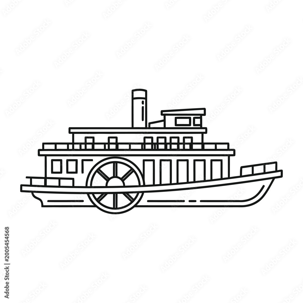 Ταπετσαρία Paddlewheel steamboat outline drawing on white background