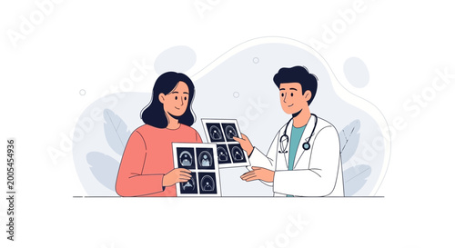Doctor showing medical scans to patient, healthcare consultation, medical imaging analysis