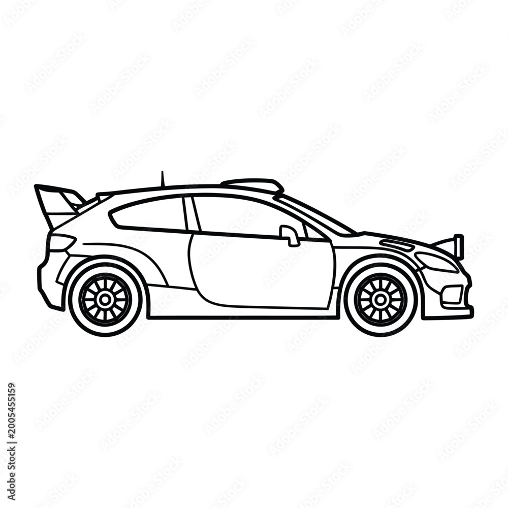 Fototapeta premium Aggressive rally car outline vector graphic with spoiler and racing lights on white background