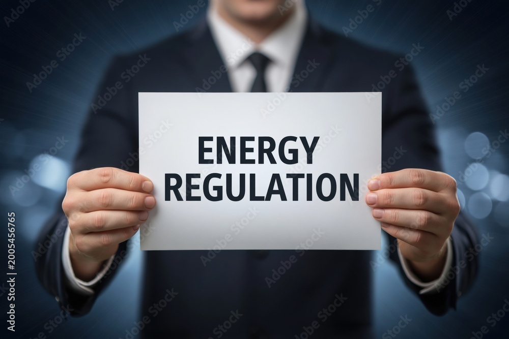 Obraz premium Businessman Holding a Sign for Energy Regulation and Management