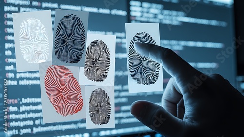 Investigating digital security concepts with fingerprint analysis using a computer screen technology demonstrating data protection