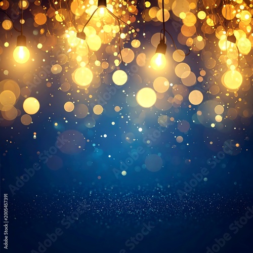 Festive glowing lights illuminate a dark blue, sparkling background