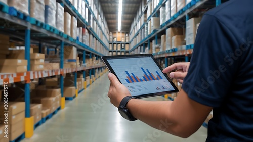 Logistics worker using tablet analyzing warehouse inventory data and charts for operational efficiency and supply chain management
