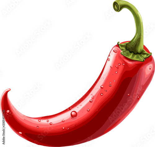 Fresh red chili pepper with water droplets, realistic watercolor vector, macro close-up, isolated on transparent background