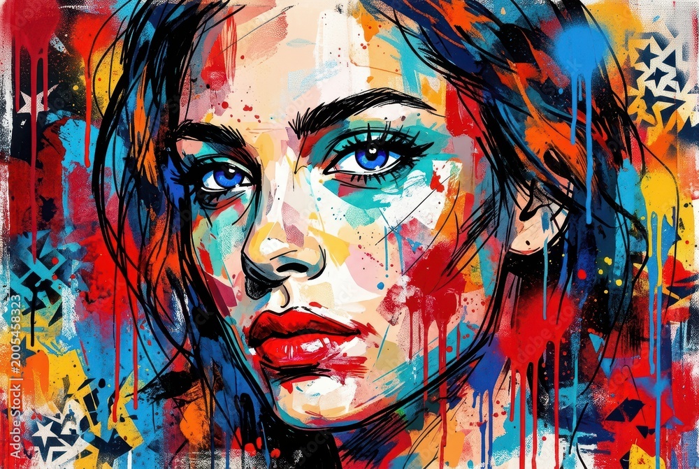 Fototapeta premium Vibrant street art portrait of a young woman, colorful graffiti style painting with paint splashes, expressive urban pop art illustration
