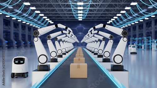 Modern automated industrial assembly line featuring robotic arms conveyor belts and autonomous mobile robots in production