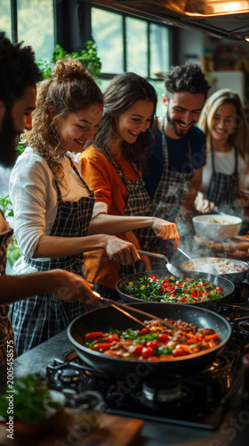 Multicultural group of friends cooking together in modern kitchen for lifestyle blogs, social inclusion campaigns, and culinary content