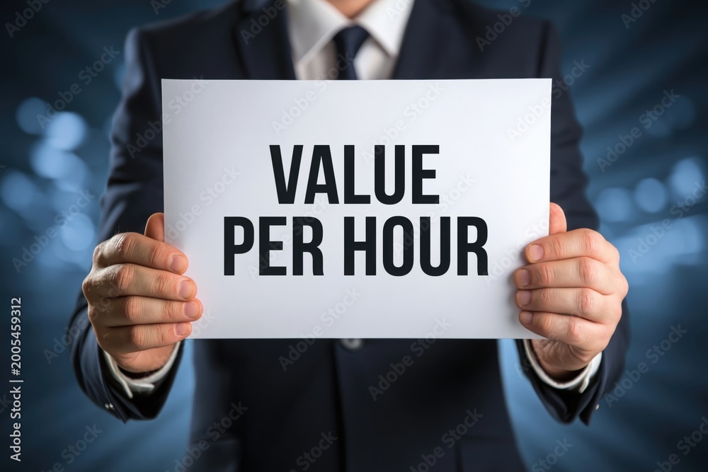Obraz premium Man in a Suit Presenting the Value Per Hour Concept