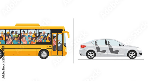 Tableau sur toile Public Bus Packed with Passengers vs. Empty Private Car