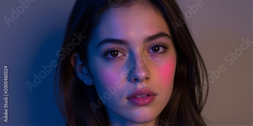 A young woman with dark hair and loose waves looks directly at the camera with a neutral expression, her face partially obscured by pink glitter.