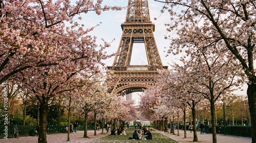 Serene Cherry Blossoms Near Eiffel Tower in Spring