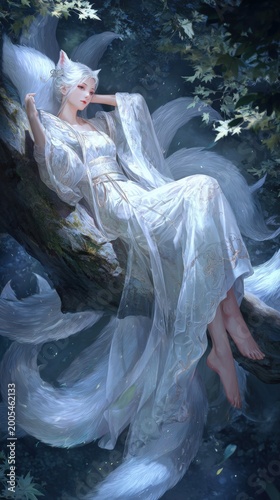 Fantasy, mysterious, wallpaper. A fantasythemed digital artwork depicts a female figure with white hair and a catlike headpiece.