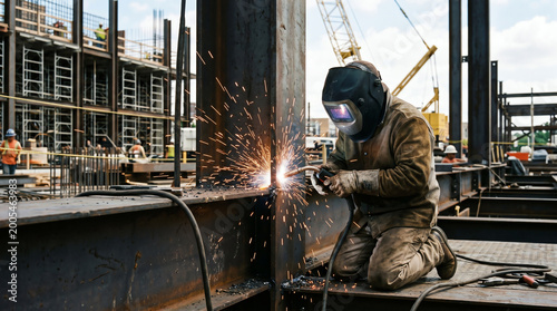 Welder welding structural steel beam with bright sparks representing fabrication, structural craft, and ironwork