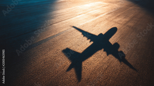 The shadow of an airplane casts on the runway at sunset, symbolizing travel and adventure in aviation.