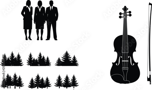 Foto Black silhouette set of business professionals forest trees and classical violin