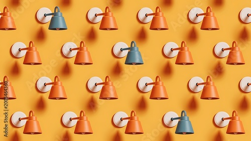 Repeating pattern of modern orange and blue wall mounted lamps on a vibrant yellow background with geometric design.