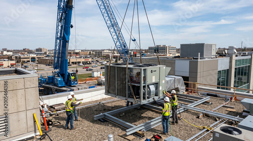 Rooftop air conditioning unit being installed on commercial building representing commercial HVAC and mechanical infrastructure