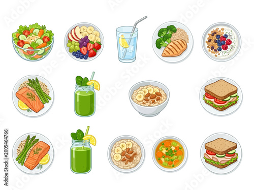 Canvastavla Healthy food and drinks vector illustration, a collection of nutritious meals an