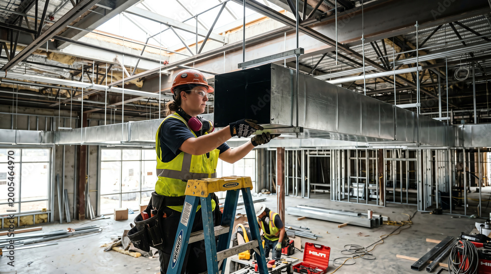 Fototapeta premium HVAC installer hanging galvanized ductwork in commercial ceiling representing HVAC installation, mechanical contracting, and commercial buildout