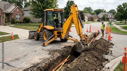 Backhoe loader trenching for utility line in suburban street representing utility installation, road work, and civil engineering