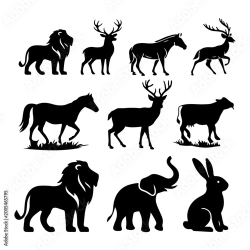 Black Animal Silhouette Set – Lion, Deer, Horse, Elephant, Cow, Rabbit Vector Collection
