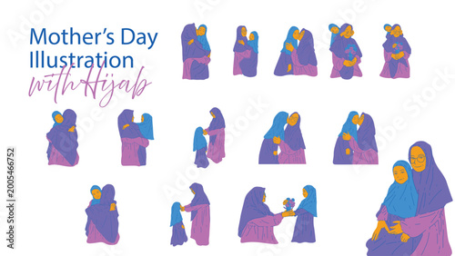 mother's day illustration with hijab islamic set collection