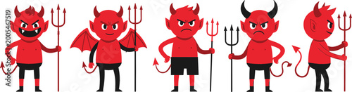 Fotografi Devil characters vector set with tridents horns and wings, red cartoon demons wi