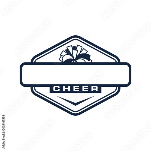 Cheerleading emblem with a pom-pom and 'CHEER' text, featuring a blank banner for customization, in a stylized hexagonal badge design.