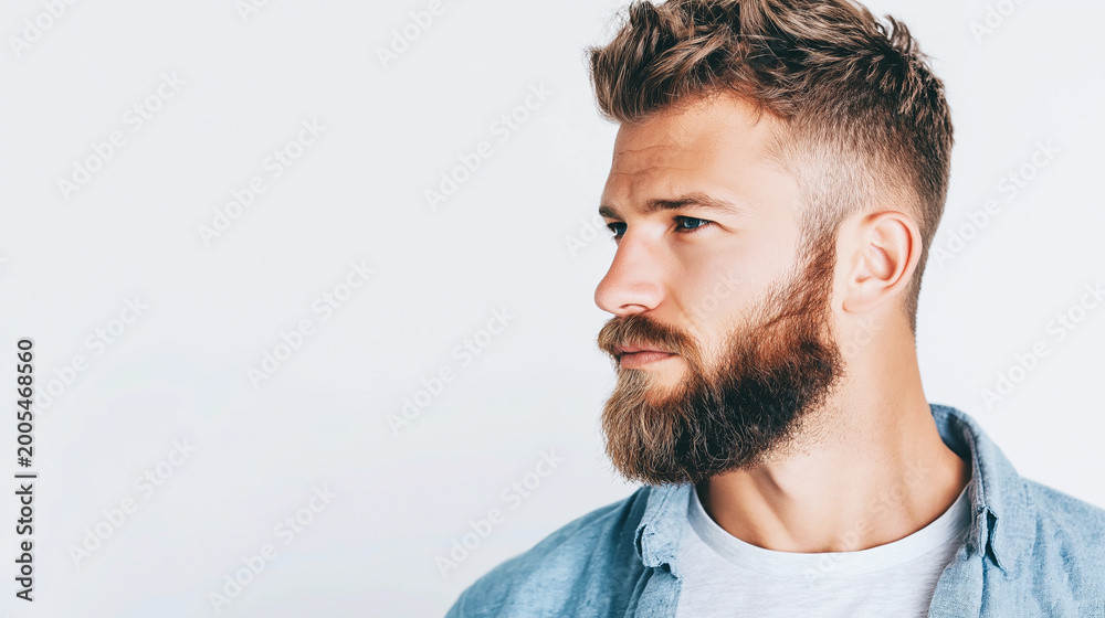 Obraz premium Young man presenting modern hairstyle and beard style, looking forward with confidence and sophistication