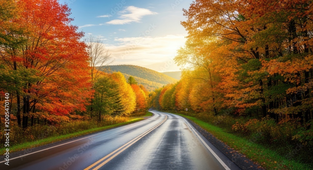 Fototapeta premium A winding road through a vibrant autumn forest, with a majestic mountain range in the distance.