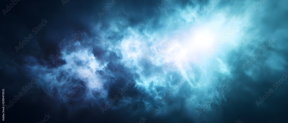 Obraz premium Abstract background with bright light in dark blue space, cosmic nebula, fantastic smoke, and shining particles.