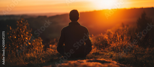 crosslegged. A peaceful figure meditating in nature at sunrise, surrounded by soft light and a blurred landscape. wellbeing guides.