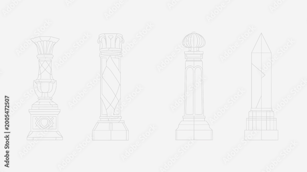 Fototapeta premium Line drawing illustration featuring four different stylized architectural columns, each with unique designs